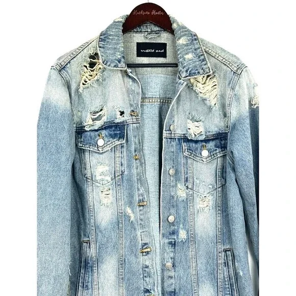 Mustard Seed Women L Destructed Denim Blue Jacket Long Jean Button Up Biker R4 - Picture 5 of 12